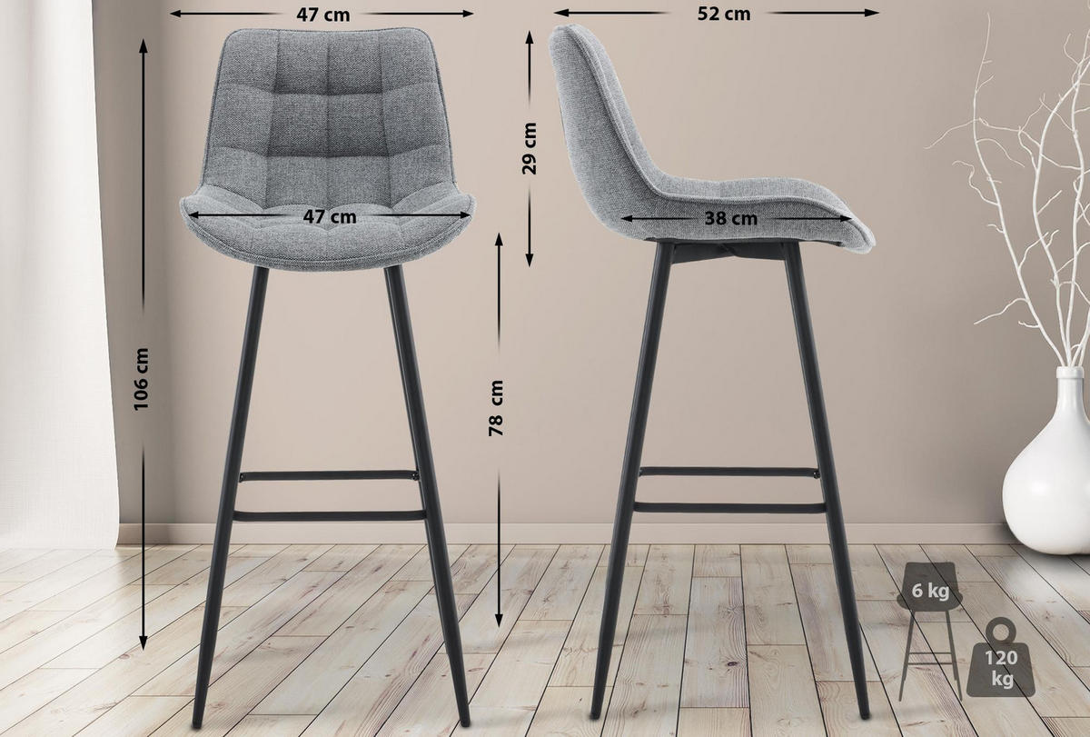 BARHOCKER 2er Set Stoff grau - Schwarz/Grau, Textil/Metall (47/106/52cm) - CLP