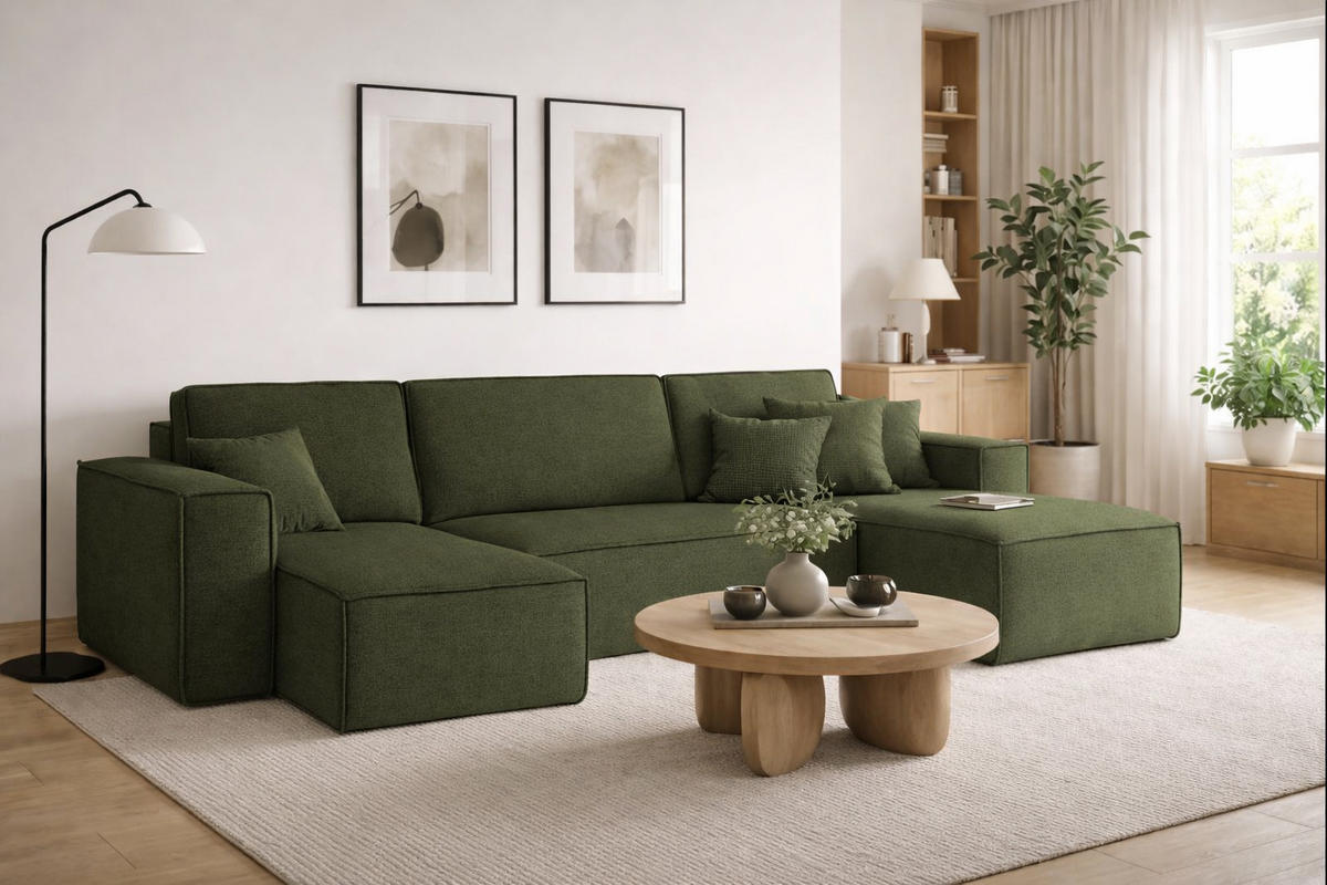 ECKSOFA U-Form Mit Schlaffunktion Und Bettkasten BEST Stoff Neve Olive - Olivgrün, Holz/Kunststoff (312/142cm) - Kaiser Möbel