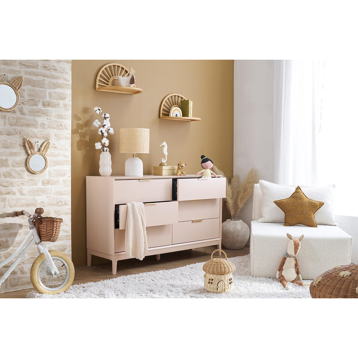 KOMMODE Puderrosa Goldfarbenes Metall 6 Schubladen L120 cm GIANA - Pink, Holz (40/75/120cm) - Miliboo