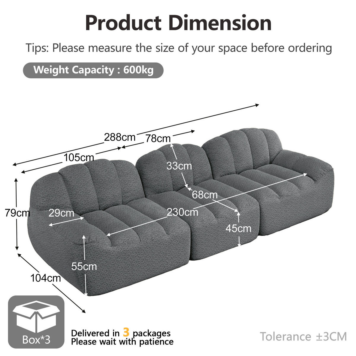 3-SITZER SOFA aus granuliertem Fleece, frameless Lounge-Design ohne Montage - Grau, Textil (288/79/104cm) - Urban Meuble