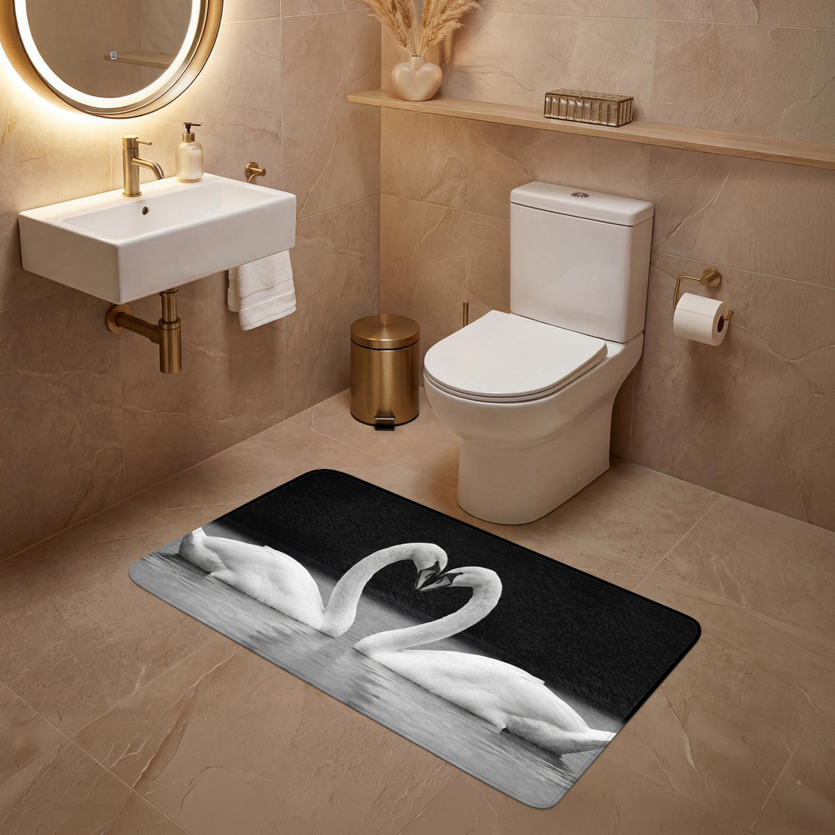 WC PŘEDLOŽKA Labutě - srdce - černá - bílá 120x60 cm - černá, textil/plast (120/1cm) - OnlyWow