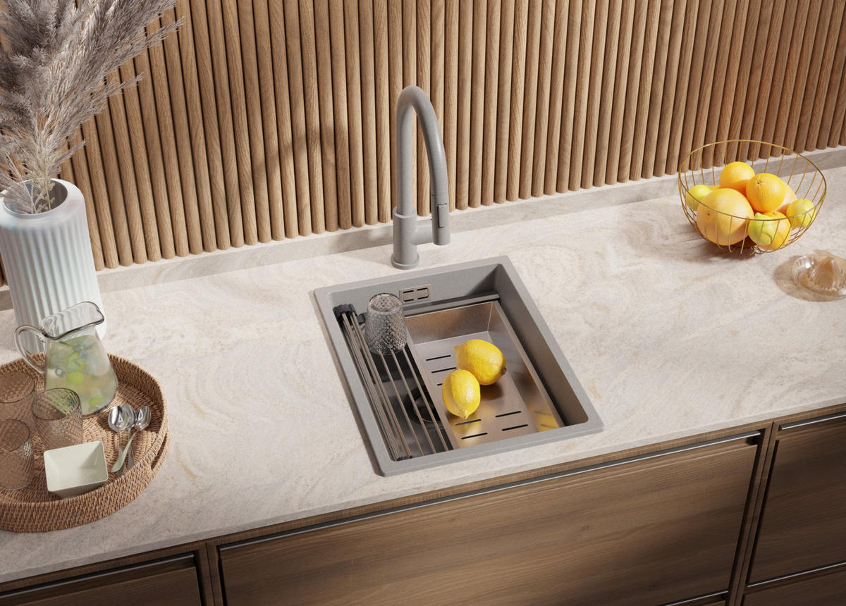 GRANITSPÜLE Praga Slim, 2-er set Grau 36/47 cm 1 Becken + Küchenarmatur 40/20 cm + Ablauf-Set + Aufrollbare Abtropffläche ab 40er Unterschrank - Chromfarben/Grau, Kunststoff (36/20/47cm) - Primagran