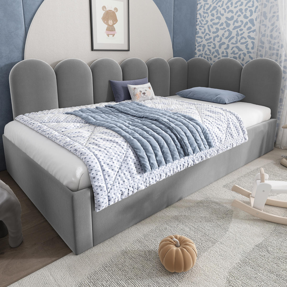 AUSZIEHBETT 90/200 cm aus Samt in Grau mit Lattenrost - Grau, Textil (90/200cm) - Flora Grace