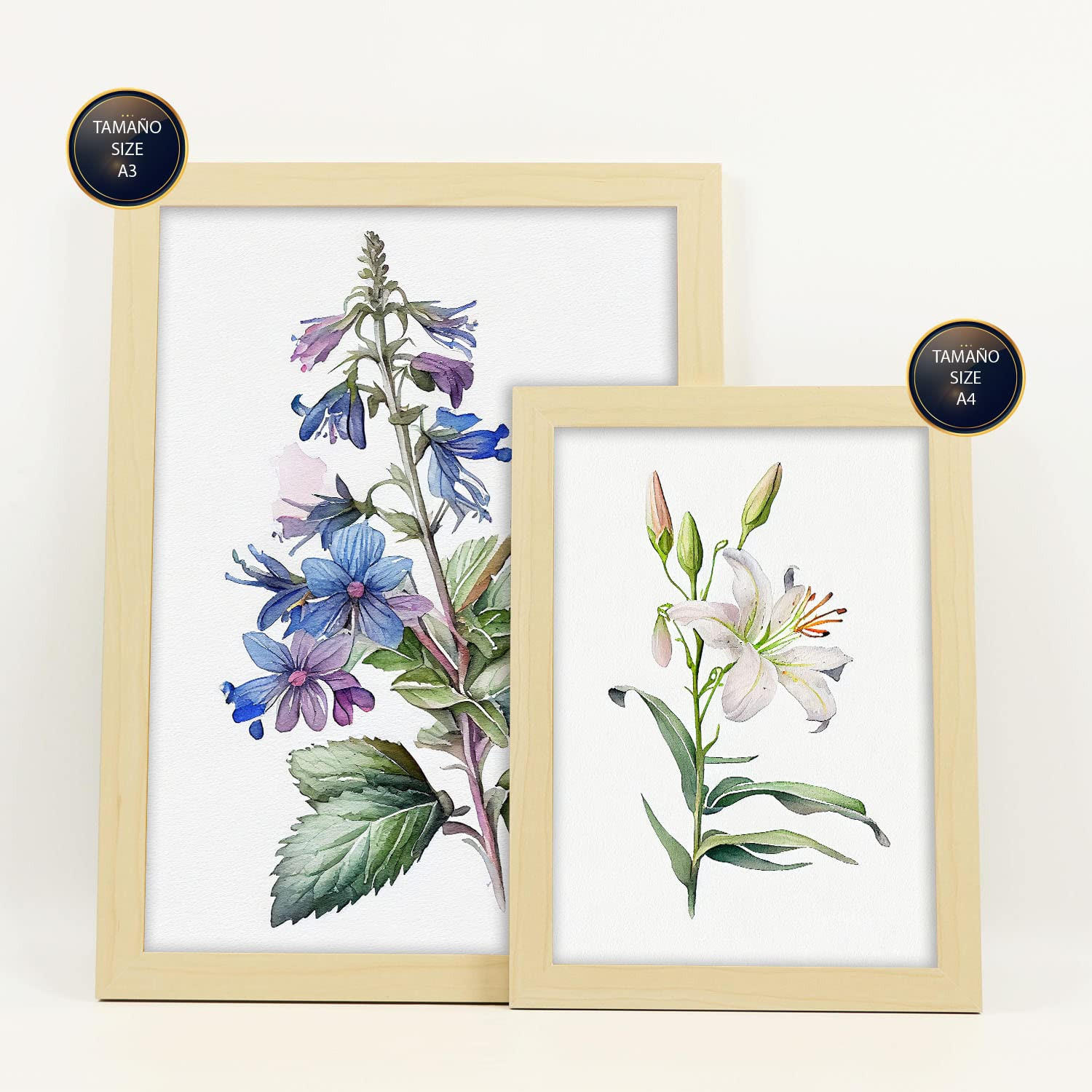 POSTER Set Mit 6 Lilien Vollfarbige Natur Und Botanikdrucke Mit Blumenmotiven Auf Reinweißen Hintergründen A3 & A4 Rahmen Aus Hellem Holz - Beige, Papier (29/3cm) - Nacnic