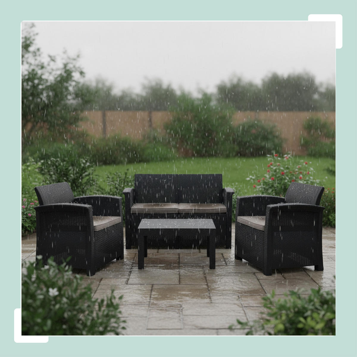 SET Natural mobilier de grădină 4-piese poliratan - negru, material plastic/material textil - Relaxdays