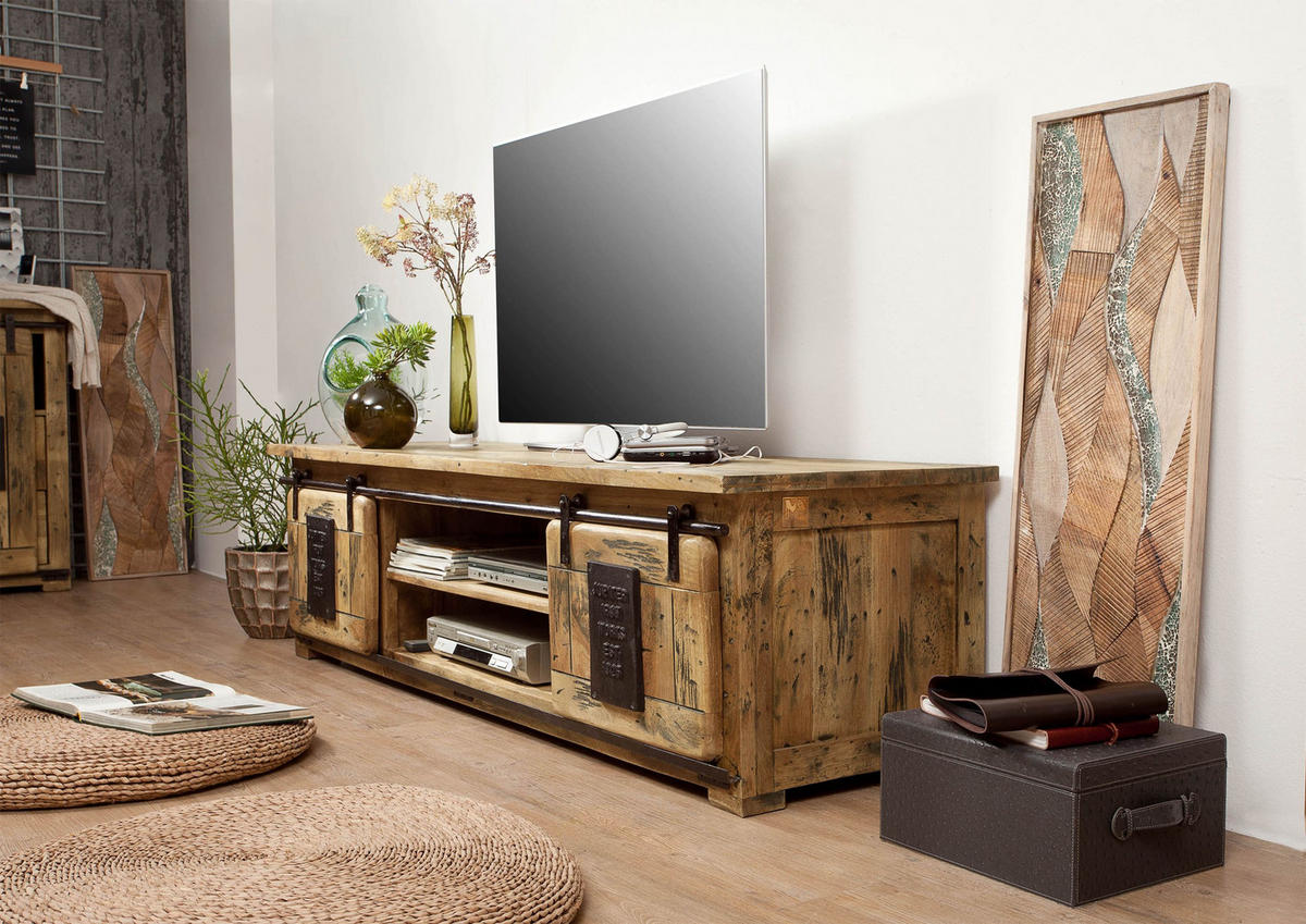TV-BOARD Mango 180x55x50 natur lackiert RAILWAY #135 - Naturfarben, Holz (180/50/55cm) - Massivmoebel24