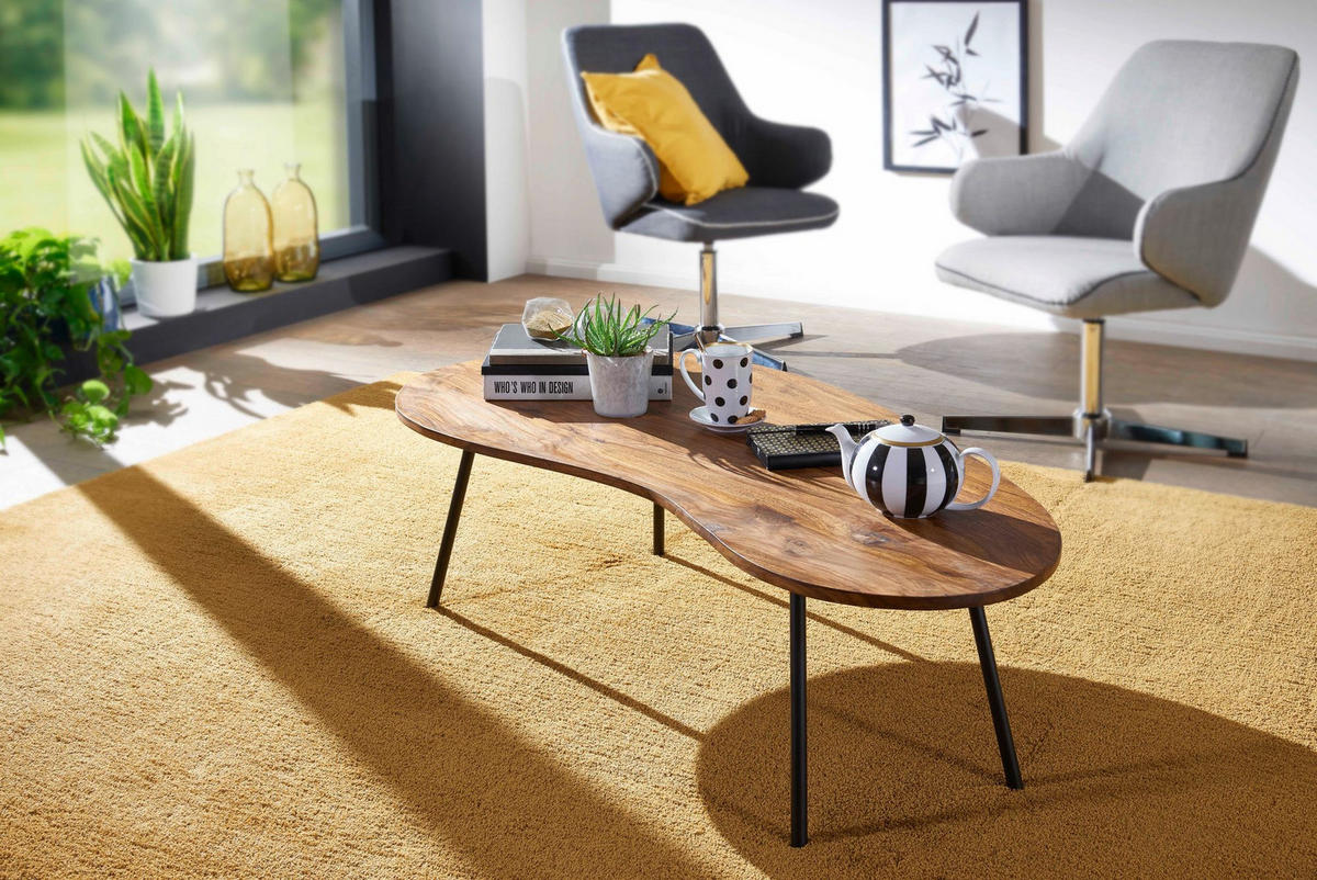 COUCHTISCH Retro-Stil mit Nierenform, Massivholz, Metallbeine, pflegeleichte Tischplatte, Braun 122x63x36 cm - Schwarz/Braun, Holz/Metall (63/122/36cm) - KADIMA DESIGN