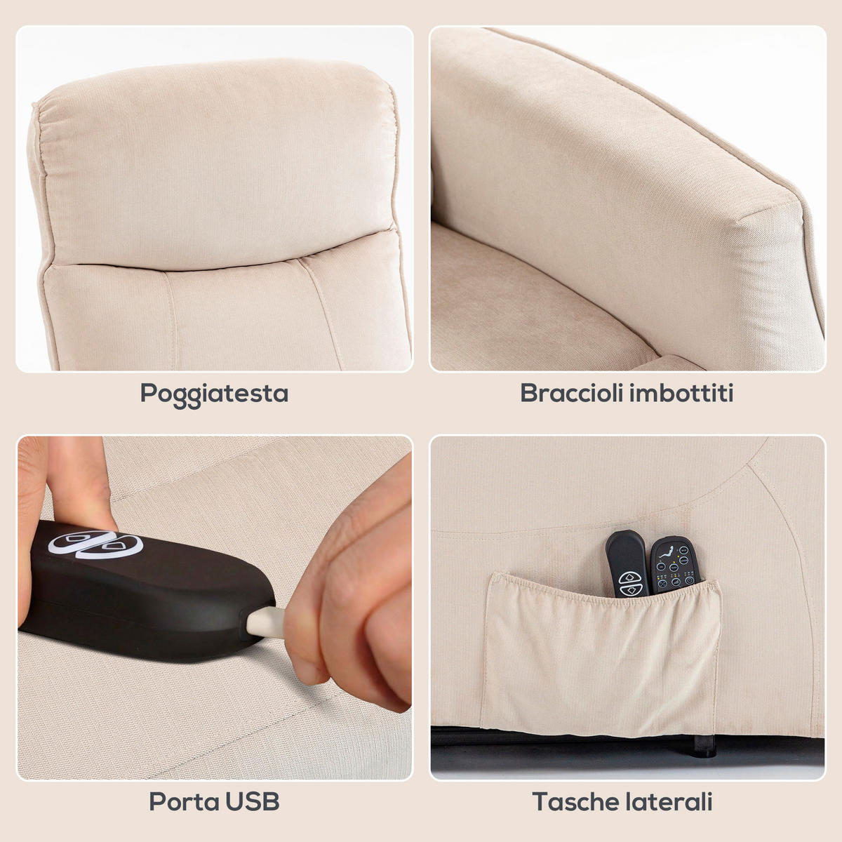 AUFSTEHSESSEL,ELEKTRISCH Massagefunktion,beige - Beige, Textil (74/110/92cm) - Vallsero