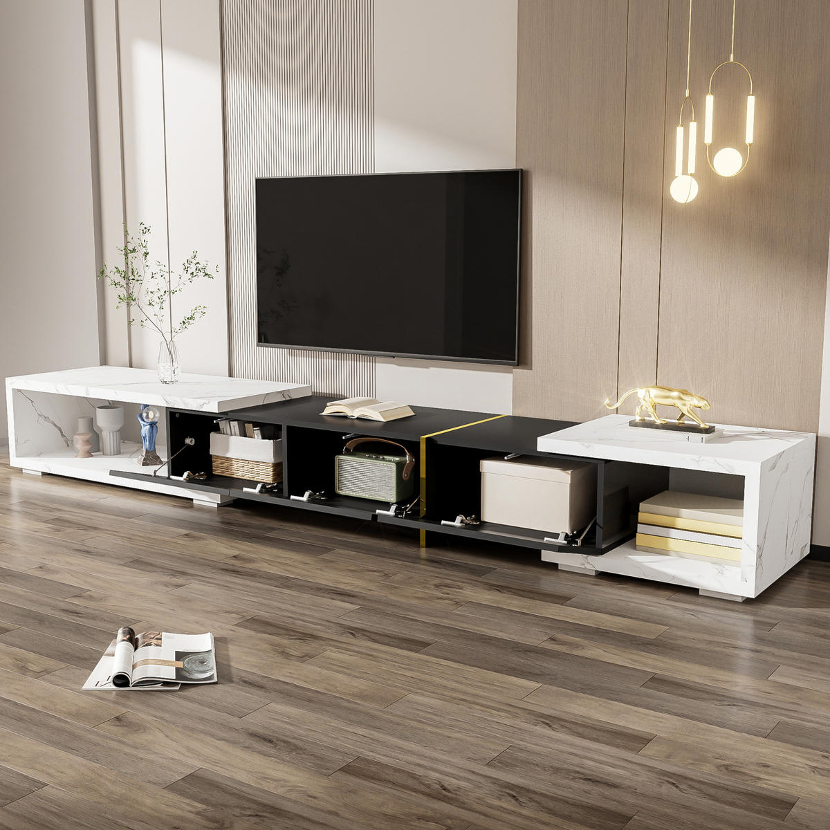 TV ormarić 140-260 cm crni i bijeli mramorni od MDF-a i iverice s rotacijom i velikim prostorom - crna, drvni materijal (260/30/40cm) - OKWISH