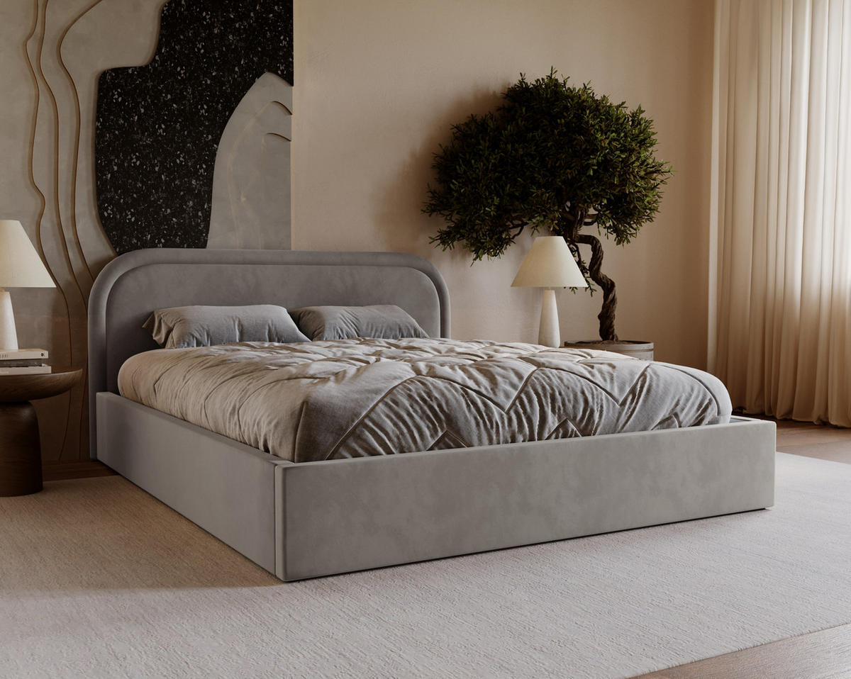 POLSTERBETT 160x200 Dune mit Bettkasten, runde Kopfteil, Samt, Hellgrau - Hellgrau, Holz/Textil (160/200cm) - Emporius