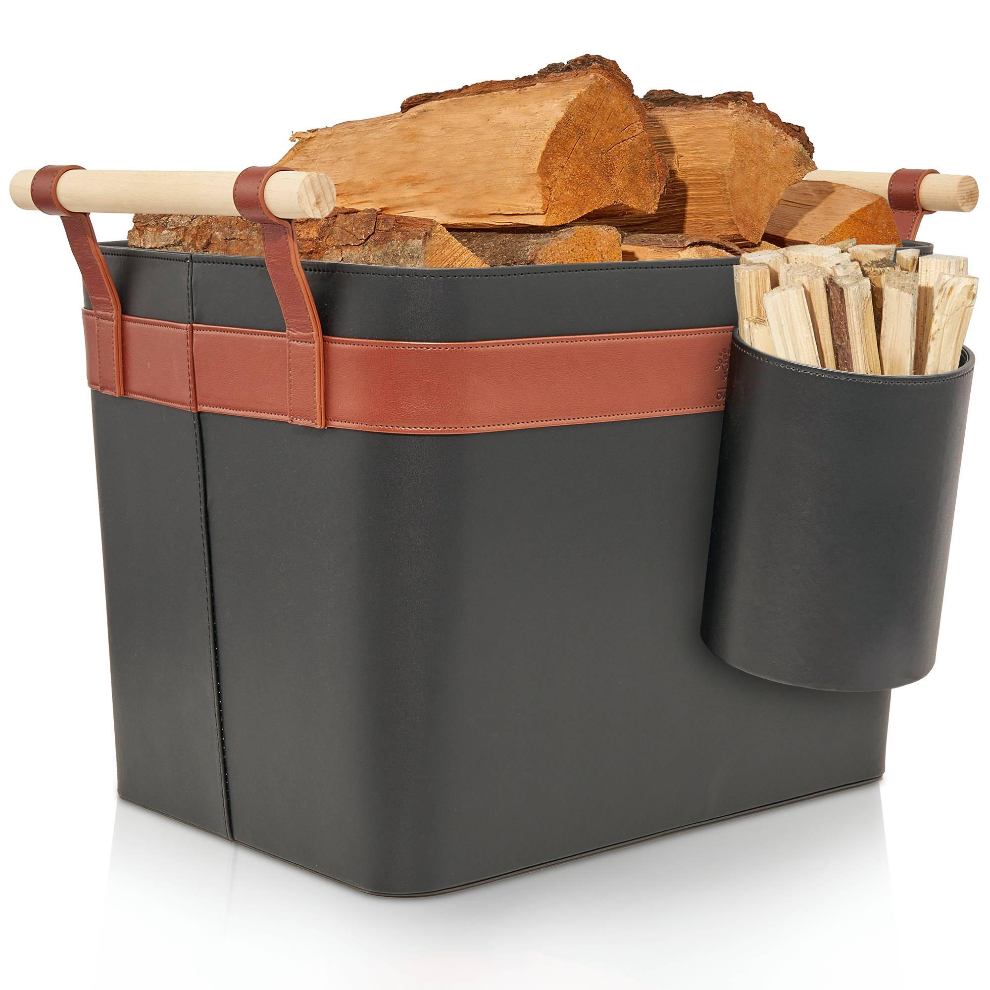 KAMINHOLZKORB LuxeLeather Duo 2er-Set veganes Leder mit ausreißsicheren Holzgriffen 50/40/35 cm - Schwarz, Kunststoff (40/35/50cm) - OAKAGE