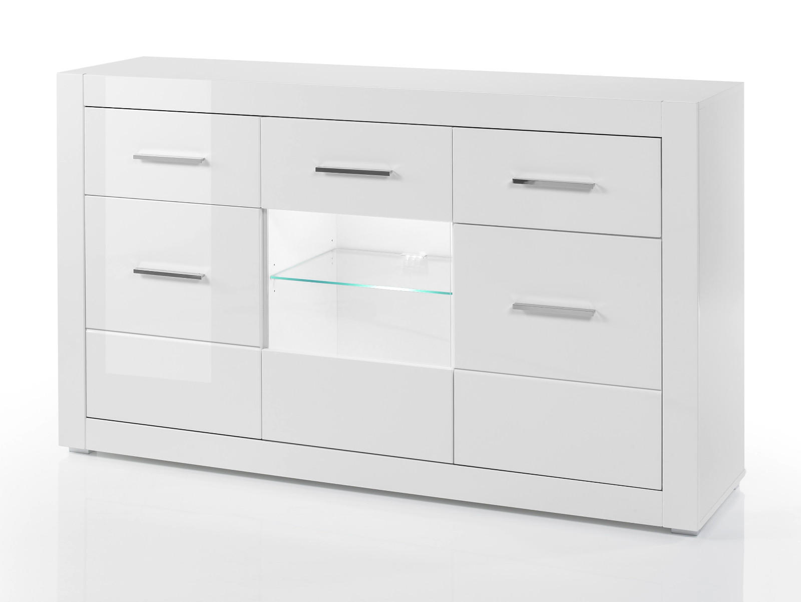 SIDEBOARD weiß Hochglanz 164 cm, Kommode mit 6 Fächern - Chromfarben/Weiß Hochglanz, Glas/Holzwerkstoff (164/97/42cm) - Furn.Design