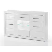 SIDEBOARD weiß Hochglanz 164 cm, Kommode mit 6 Fächern - Chromfarben/Weiß Hochglanz, Glas/Holzwerkstoff (164/97/42cm) - Furn.Design