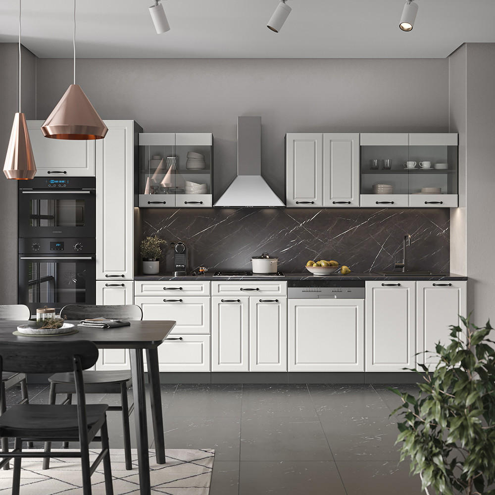 KÜCHENZEILE R-Line Weiß Landhaus/Anthrazit 350 cm mit Hochschrank ohne AP - Anthrazit/Creme, Holzwerkstoff (350/81.6/46cm) - Vicco