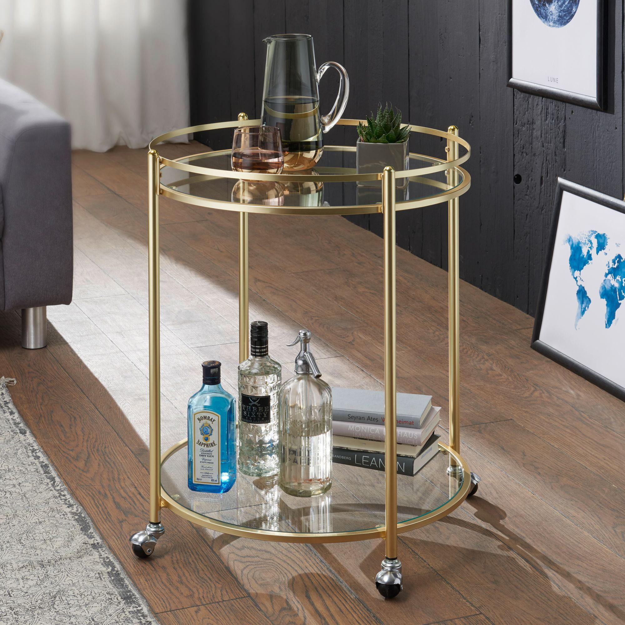 SERVIERWAGEN – Gold, Sicherheitsglas, auf Rollen - Goldfarben, Glas/Metall (57/75/57cm) - KADIMA DESIGN