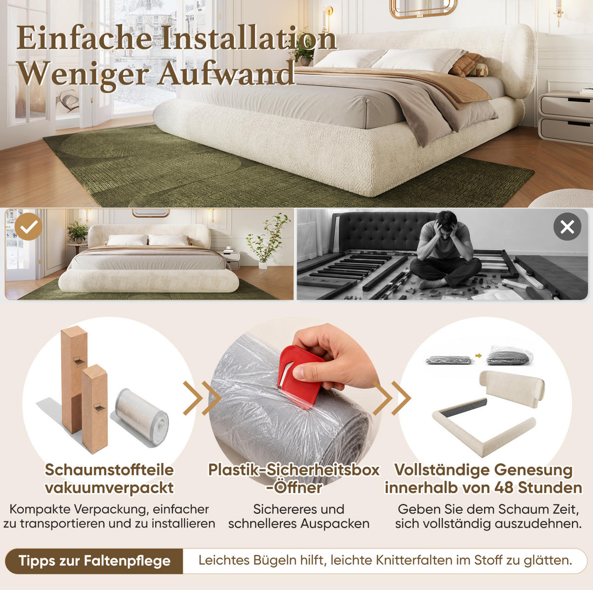 POLSTERBETT aus Chenille 140x190 cm Beige mit Lattenrost und gepolstertem Kopfteil - Beige, Textil (140/190cm) - Modfu