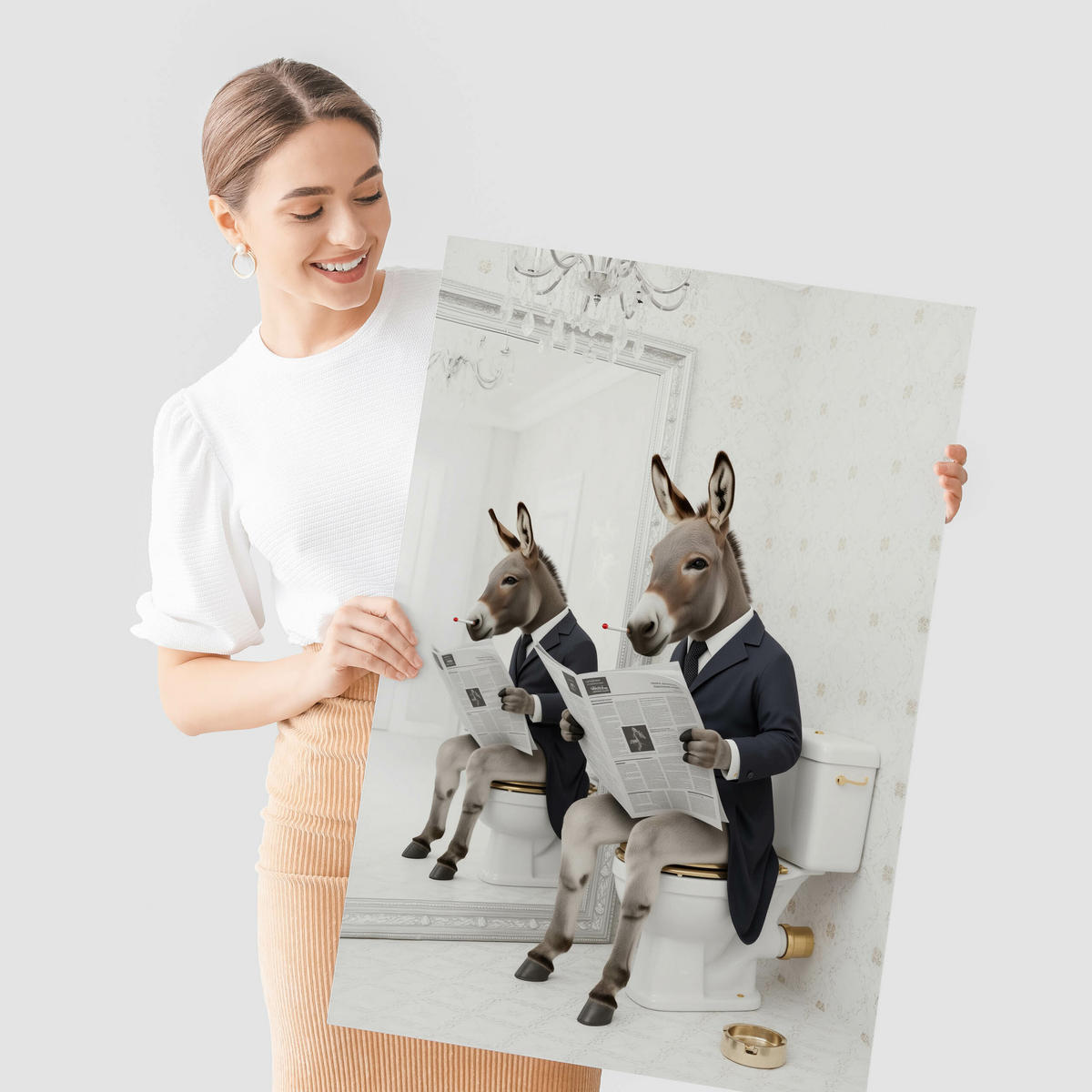 POSTER für Badezimmer WC ESEL im Anzug auf Toilette mit Zeitung Abstraktion 30x40cm - Beige/Schwarz, Papier (30/40/40cm) - Muralo