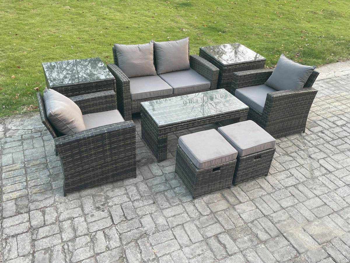 GARTENSET Polyrattan Dunkelgrau Gemischt - Dunkelgrau, Metall - Fimous