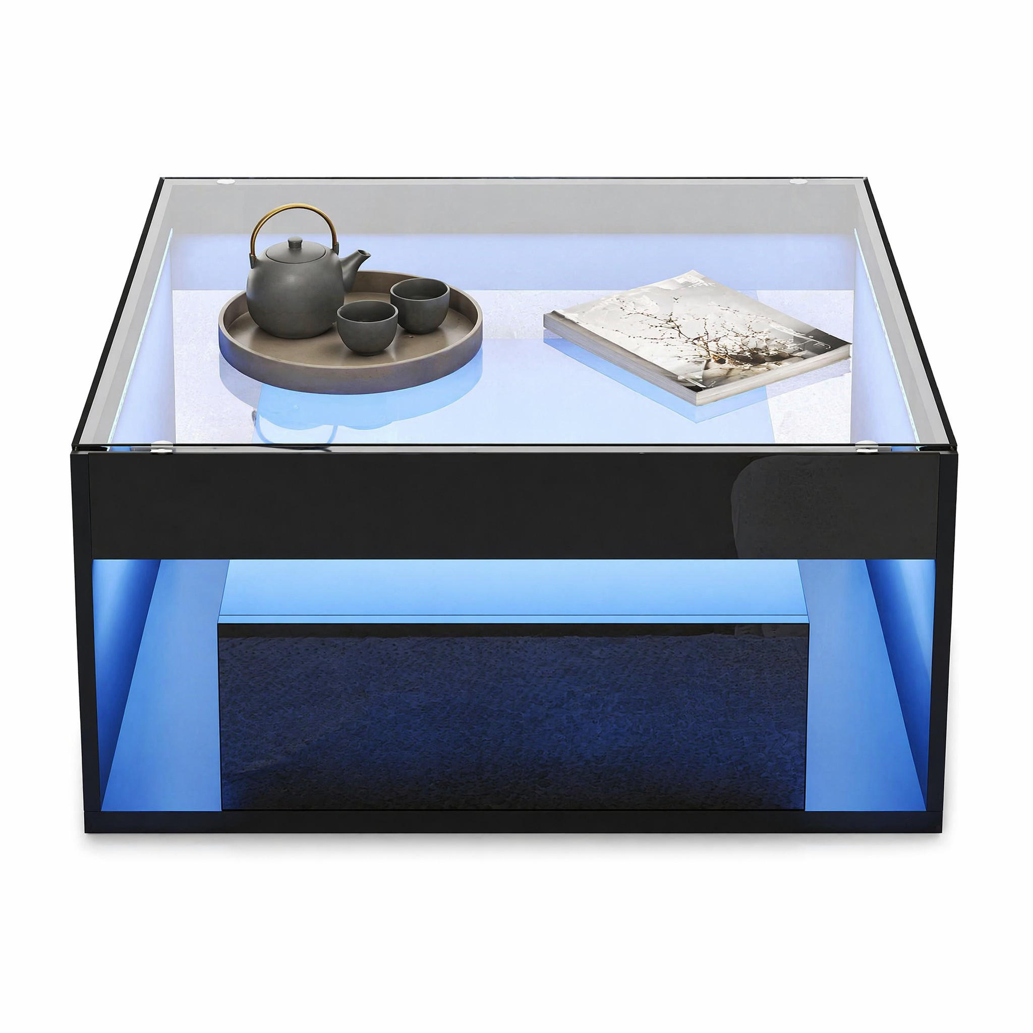 COUCHTISCH in Schwarz Kaffeetisch mit 2 Schubladen, LED & gehärtetem Glas, Hochglanz, für Wohnzimmer, B70/T70/H35cm - Schwarz, Glas/Holzwerkstoff (70/70/35cm) - STILVORA