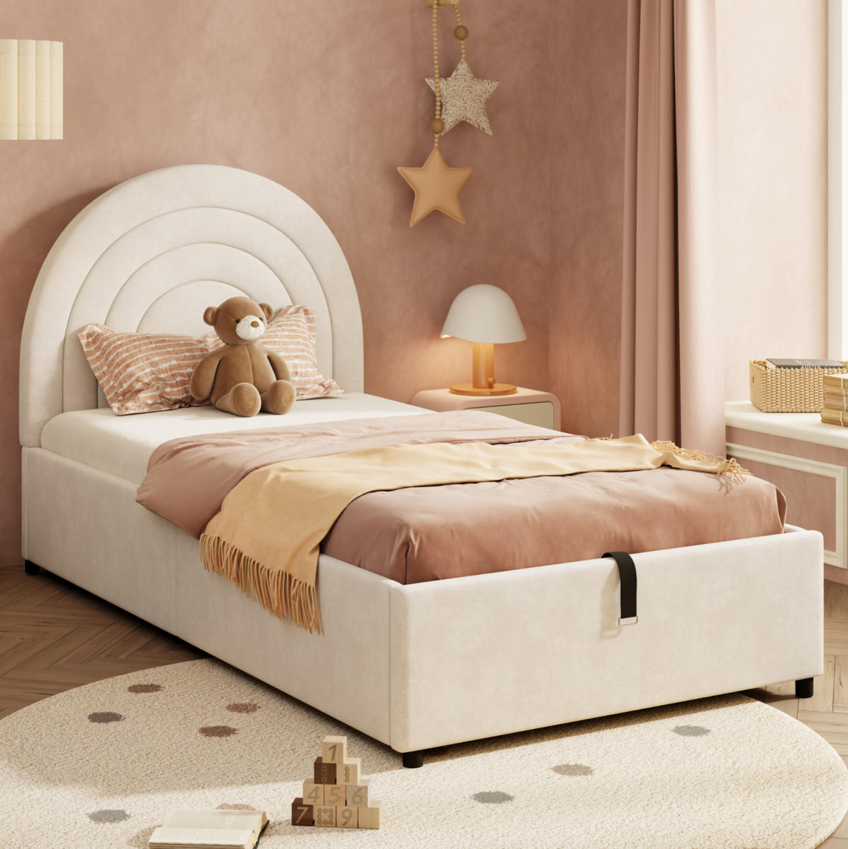 POLSTERBETT aus Samt 90x200 cm in Beige mit hydraulischem Stauraum - Beige, Textil (90/200cm) - Modfu