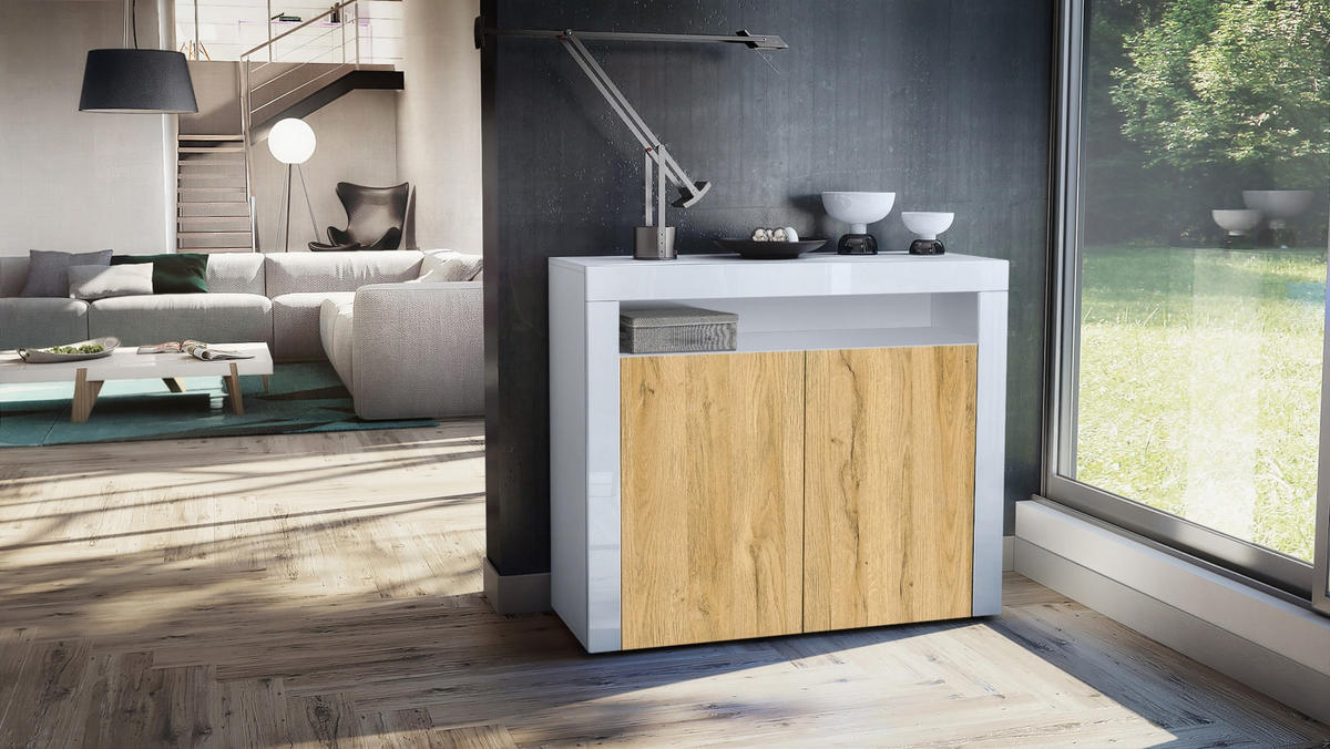 KOMMODE Valencia Eiche Natur/ Weiß Hochglanz - Eichefarben, Holzwerkstoff (108/92/40cm) - Vladon