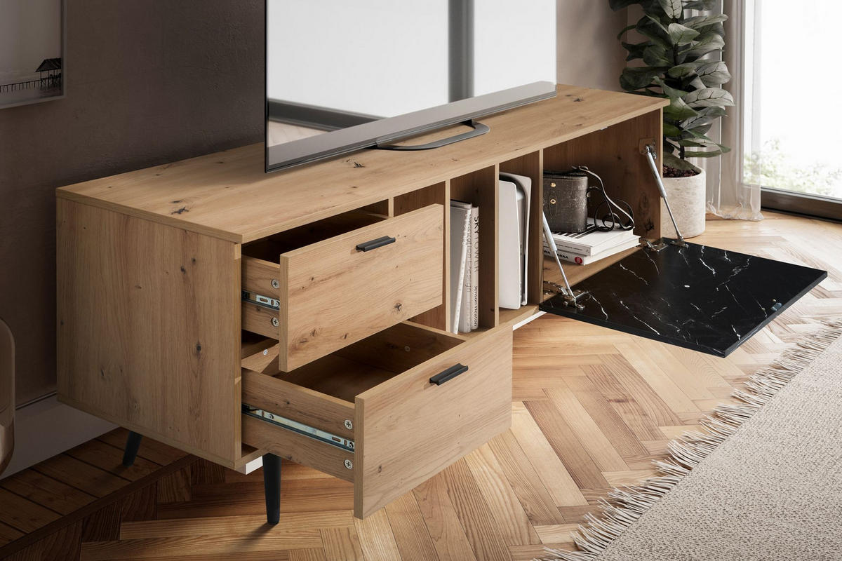 TV-LOWBOARD mit Eiche-Dekor, Tür und Schubladen, kompakte Aufteilung, Braun-Schwarz/Marmoroptik 150x40x55 cm - Schwarz/Braun, Holzwerkstoff/Metall (150/55/40cm) - KADIMA DESIGN