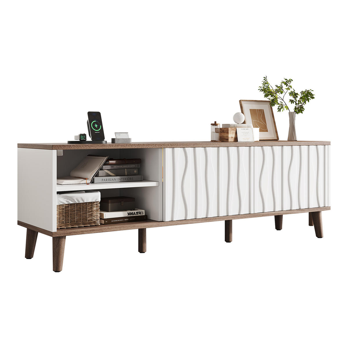 TV SCHRANK Weiß LED Schiebetür Stauraum 160x40x52cm - Multicolor, Holzwerkstoff (40/52/160cm) - FLIEKS