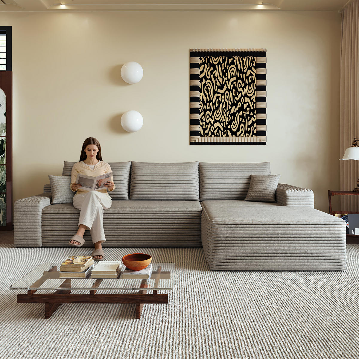 ECKSOFA 270/175/83 cm Kamel Cord mit Chaiselongue, Rechte Seite - Klar/Cappuccino, Textil (270/175cm) - Oxeza