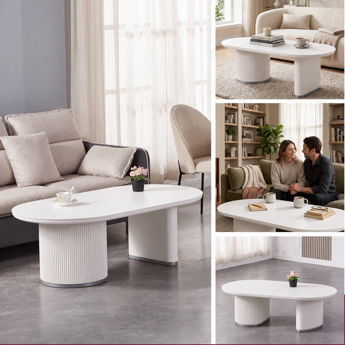 COUCHTISCH Oval Weiß 130 × 70 cm mit geriffeltem Säulengestell und Silberakzenten - Weiß, Holzwerkstoff (70/130/45cm) - HOOZ