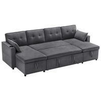 ECKSOFA U-Form Bettfunktion Baumwoll-Leinen Getränkehalter Stauraum Grau - Grau, Holz (123.01/19.71/65.51cm) - FLIEKS