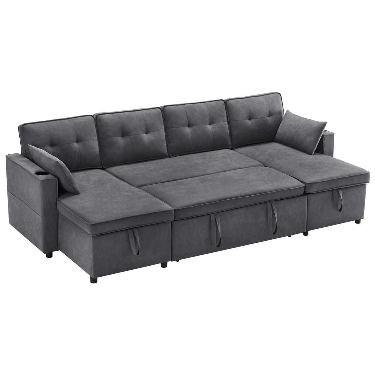 ECKSOFA U-Form Bettfunktion Baumwoll-Leinen Getränkehalter Stauraum Grau - Grau, Holz (123.01/19.71/65.51cm) - FLIEKS