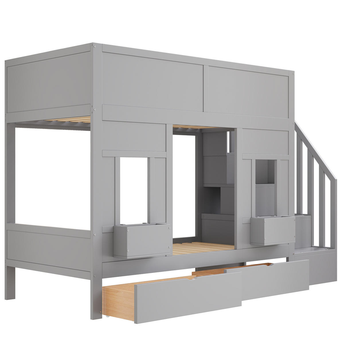 ETAGENBETT 90/200 cm grau aus Holz mit Treppe und Stauraum - Grau, Holzwerkstoff (90/200cm) - OKWISH