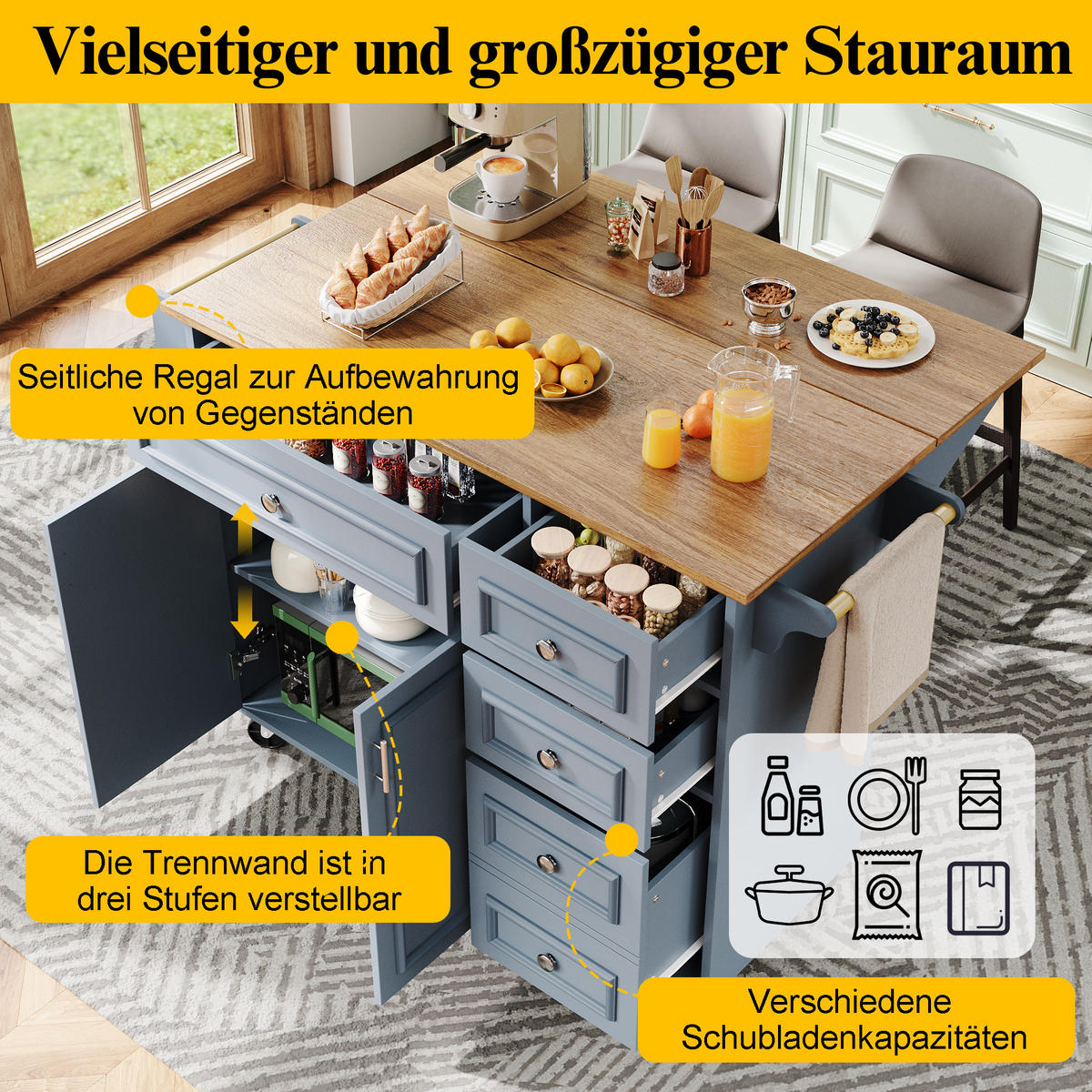 KÜCHENWAGEN 110x75x92cm Blau mit verstellbaren Fächern & Schubladen - Blau, Holzwerkstoff (110/92/75cm) - Modfu