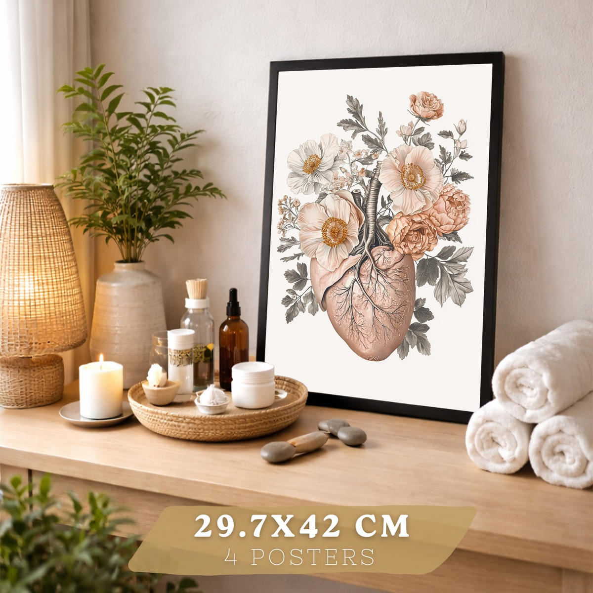POSTER Set aus 4 Anatomie Mensch Florale Drucke und mit Schädel Herz Lungen und Skelett Botanische Aquarell dekoration Größe Schwarzer Rahmen A3 - Schwarz, Papier (29.7/42/3cm) - Nacnic