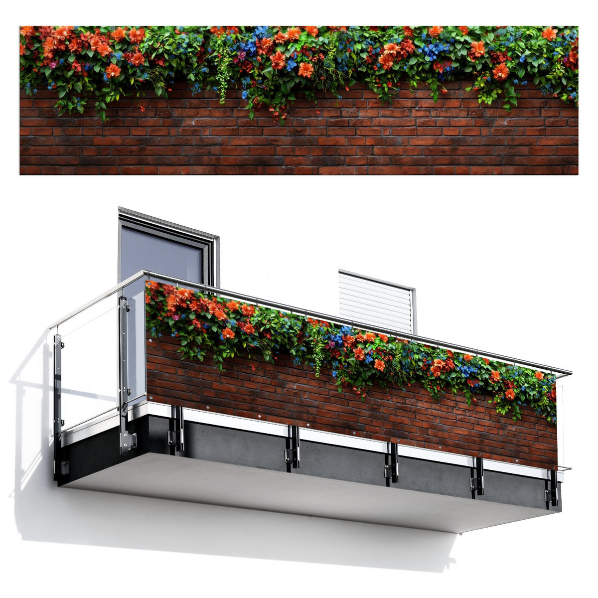 BALKON-SICHTSCHUTZ Blumen - Wand - Grün - Orange - Rotbraun, Kunststoff (300/85cm) - MuchoWow