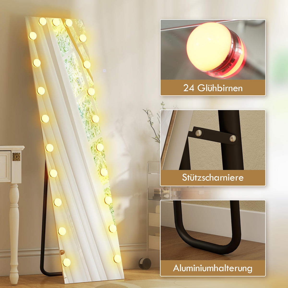 GANZKÖRPERSPIEGEL 150x40 cm RGB-LED Standspiegel mit 21 Glühbirnen 7 Lichtfarbe - Transparent, Glas (5.7/150/40cm) - HOMCOM