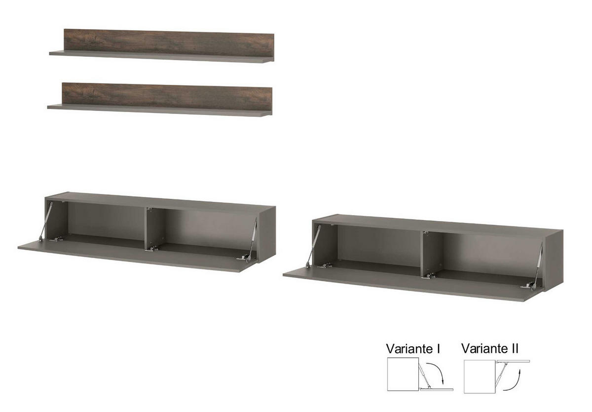 WOHNWAND Thermo Eiche, grau, Wohnkombination 3-teilig 304 x 170 cm - Eichefarben/Grau, Holzwerkstoff (304/170/30cm) - Furn.Design