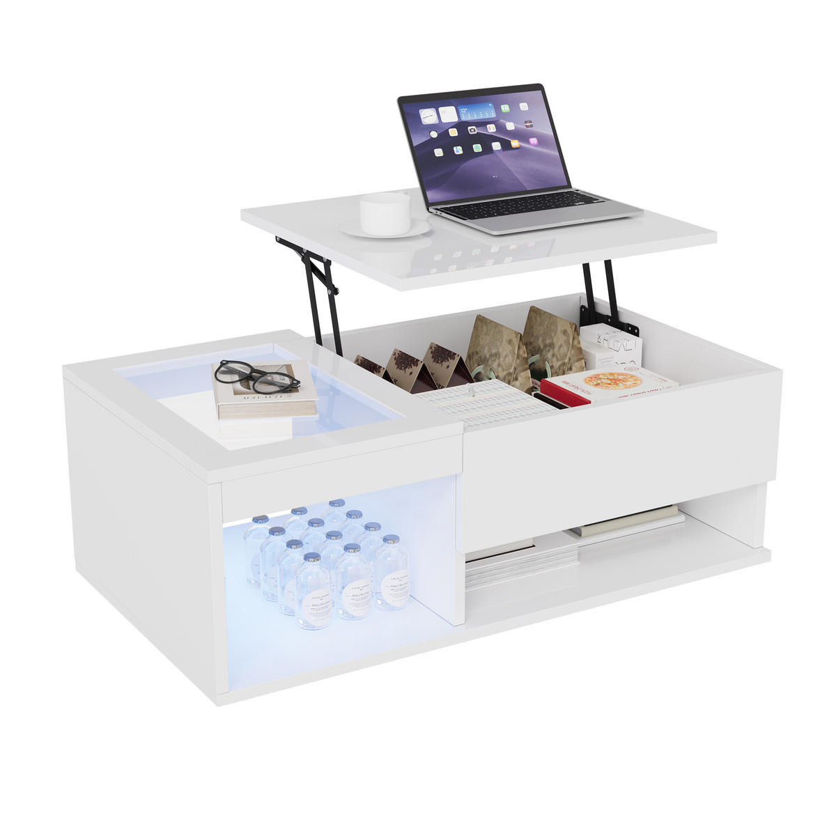 HÖHENVERSTELLBARER COUCHTISCH WEISS MIT LED Hochglanz & Glas, 100x55x35cm - Weiß, Holz (100/55/35cm) - CASIVA