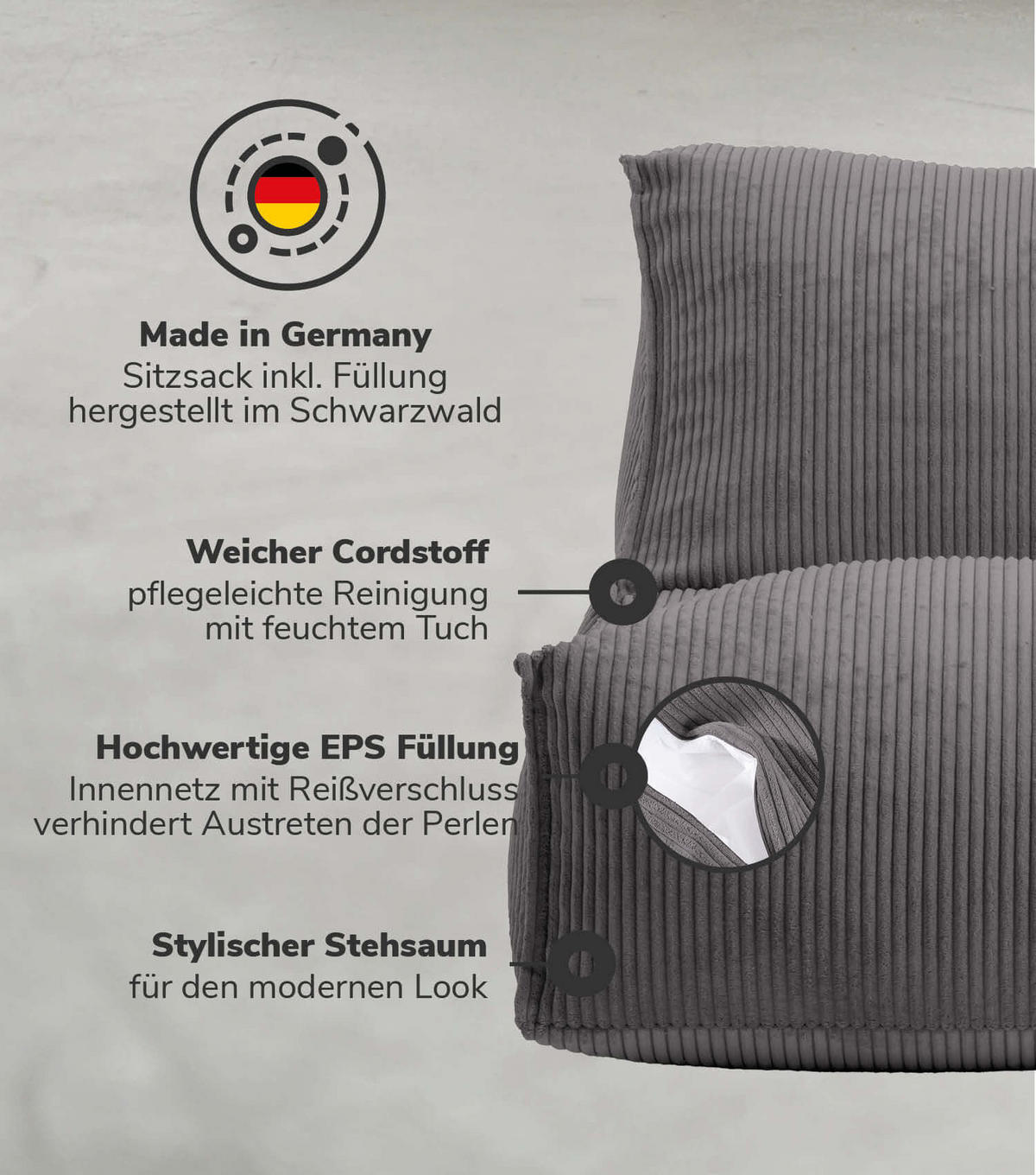 SITZSACK Cord Der Gelassene - Anthrazit, Textil (100/65/65cm) - Mokebo