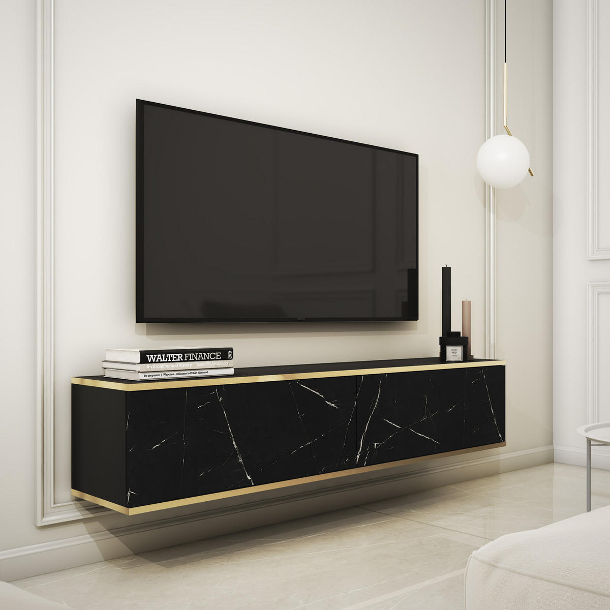 TV-LOWBOARD FORNO (Marmor Black Royal, Goldene Details, 2 Türen, 135 cm) - Schwarz/Weiß, Holz/Holzwerkstoff (135/30/32cm) - Ravio