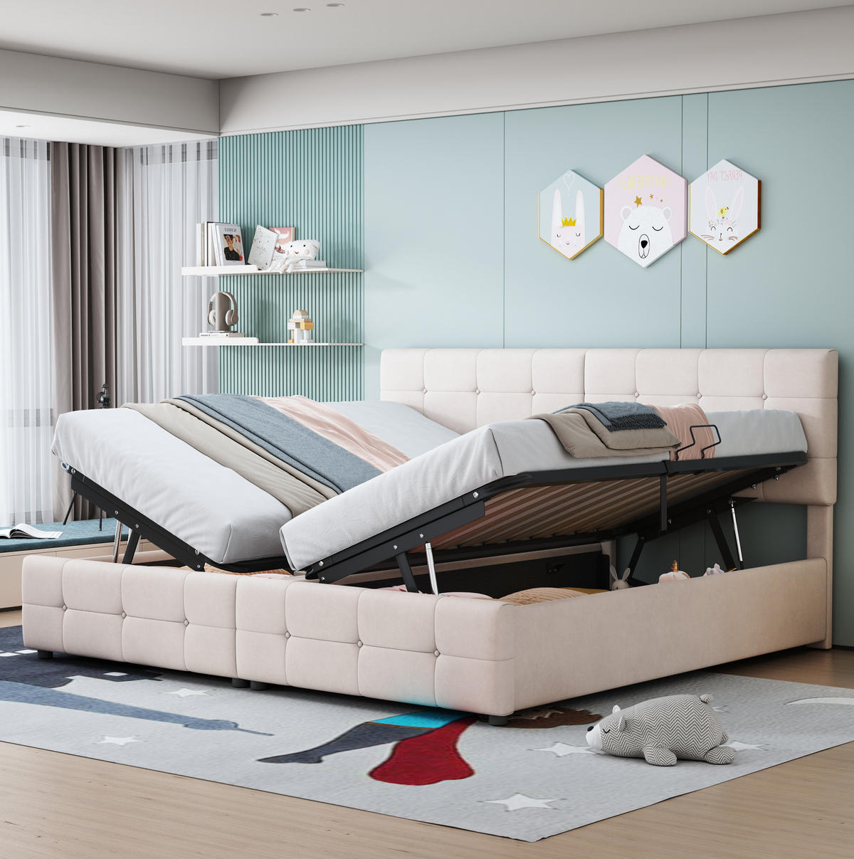 POLSTERBETT aus Samtstoff 180x200 cm Beige mit hydraulischem Stauraum und höhenverstellbarem Kopfteil - Beige, Textil (180/200cm) - IVMEU