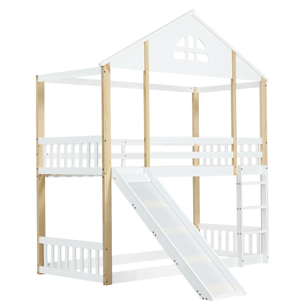 ETAGENBETT 90/200 cm weiß und natur aus Massivholz mit Rutsche und Winkeltreppe - Weiß, Holz (90/200cm) - OKWISH