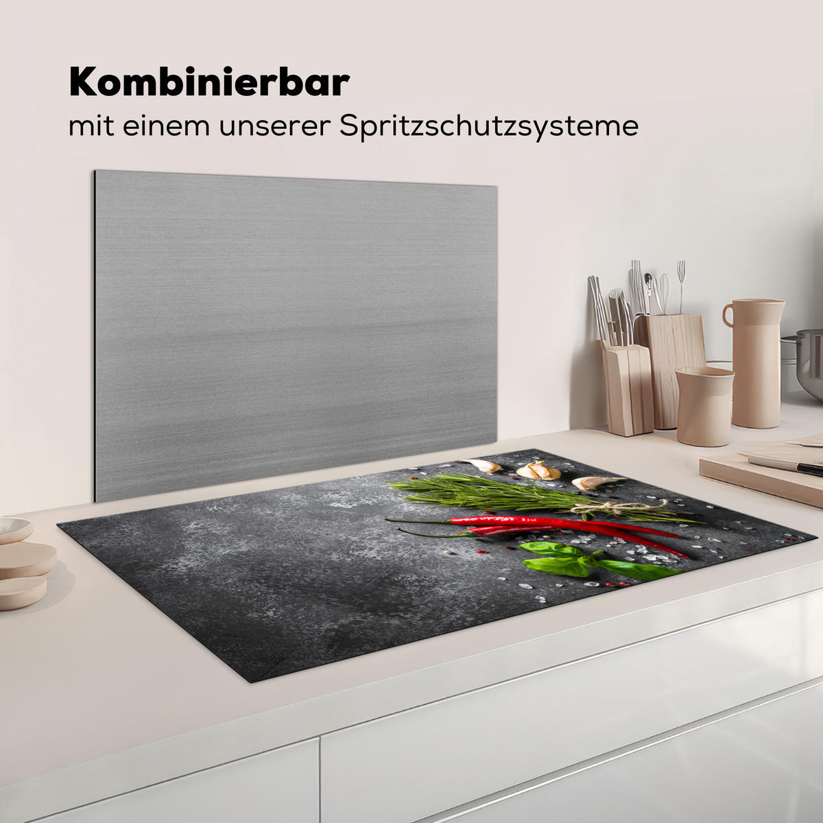 KRYT NA INDUKČNÍ DESKU Pepř - Bylinky - Koření - Beton 91.2x52 cm - červená, plast (91.2/52/0.2cm) - MuchoWow