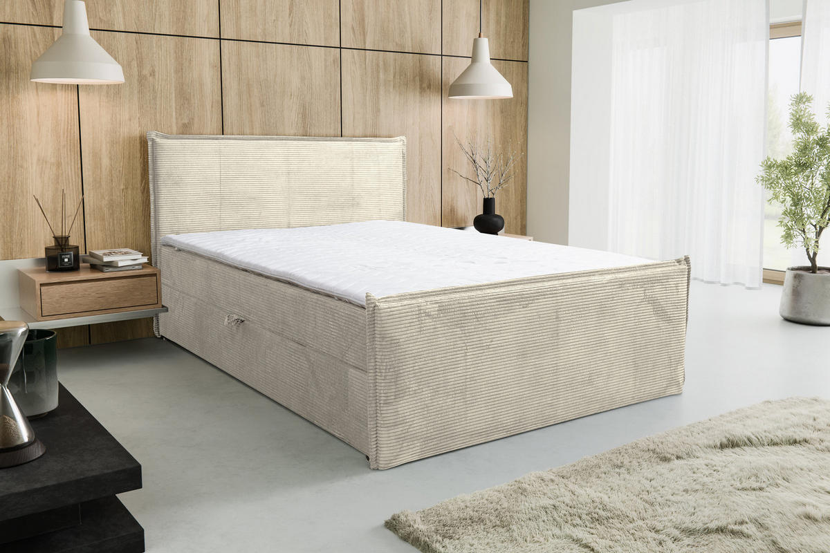 BOXBETT Vanessa mit 2 Bettkästen, 160x200, Farbe: Beige, Cordstoff, mit Bonell-Matratze inkl. Topper - Beige, Holz/Kunststoff (160/200cm) - VENASI MÖBEL