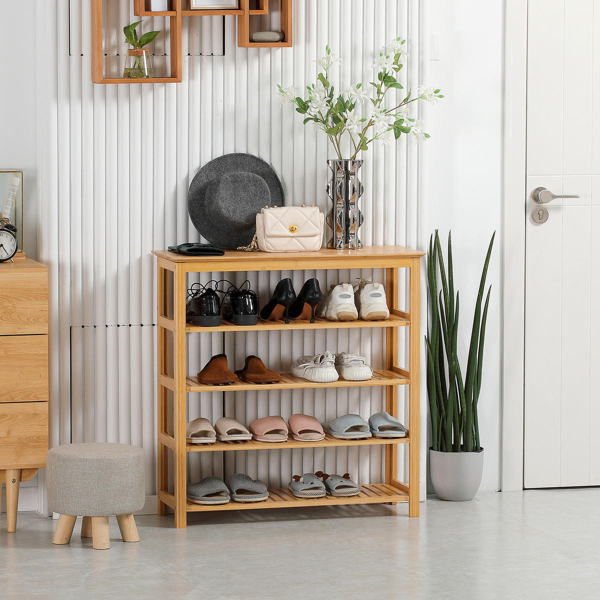 SCHUHREGAL, Schuhständer mit 5 Ebenen, Schuh-Organizer für max. 20 Paar Schuhe - Naturfarben, Holz (29/82/80cm) - HOMCOM