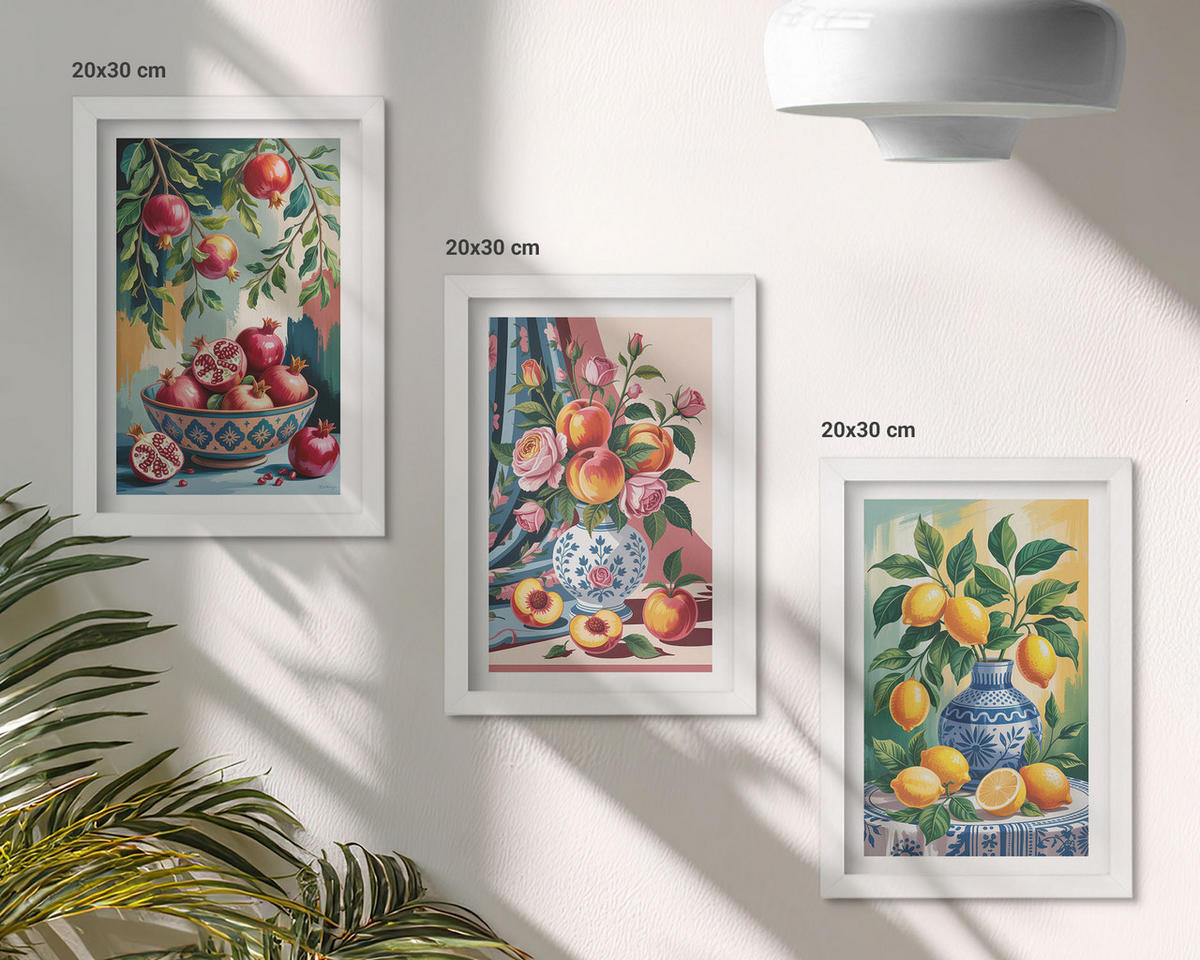 WANDBILDER 3er-Set - 20x30 cm Weißer Rahmen - Blumen und Früchte in Vasen - Weiß, Kunststoff (20/30cm) - ArtPrintCave