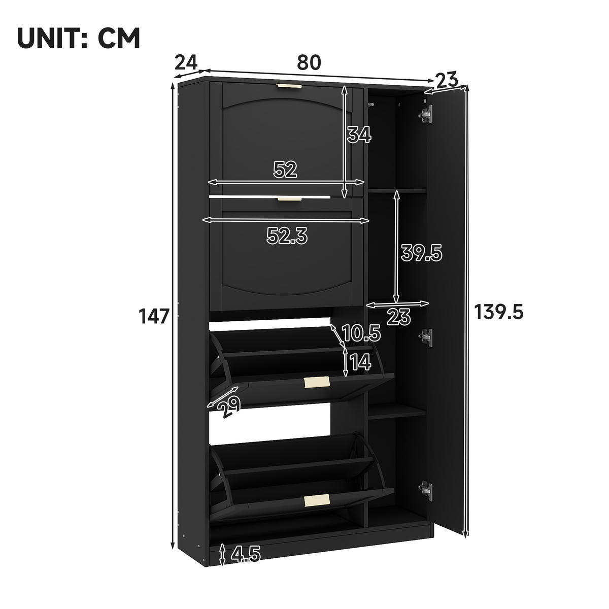 SCHUHSCHRANK aus Spanplatte 80x24x147cm in Schwarz mit Spiegeltüren - Schwarz, Holzwerkstoff (80/147/24cm) - Modfu