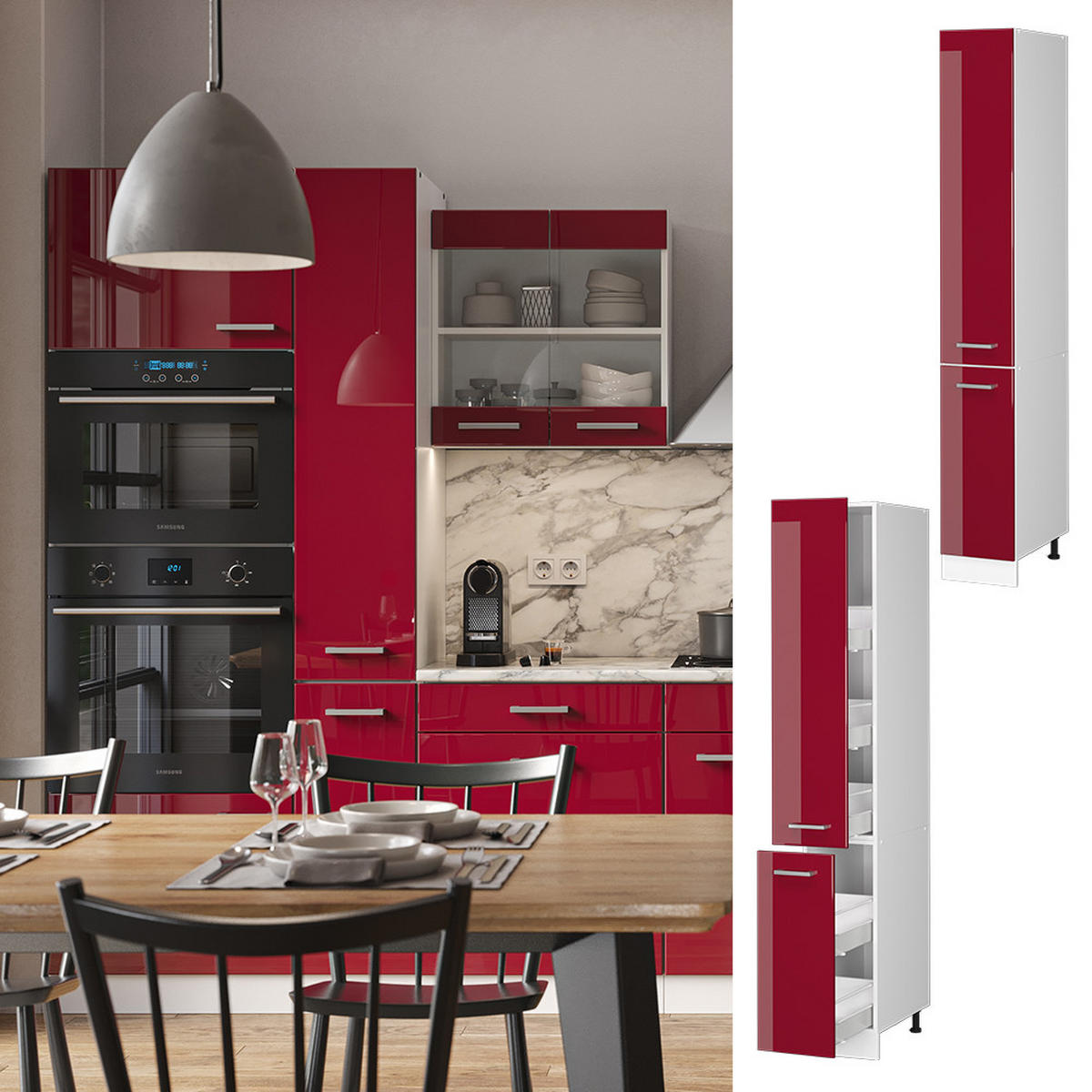 APOTHEKERSCHRANK R-Line Rot Hochglanz 30 cm - Bordeaux/Rot, Holzwerkstoff (30/206.8/57.2cm) - Vicco