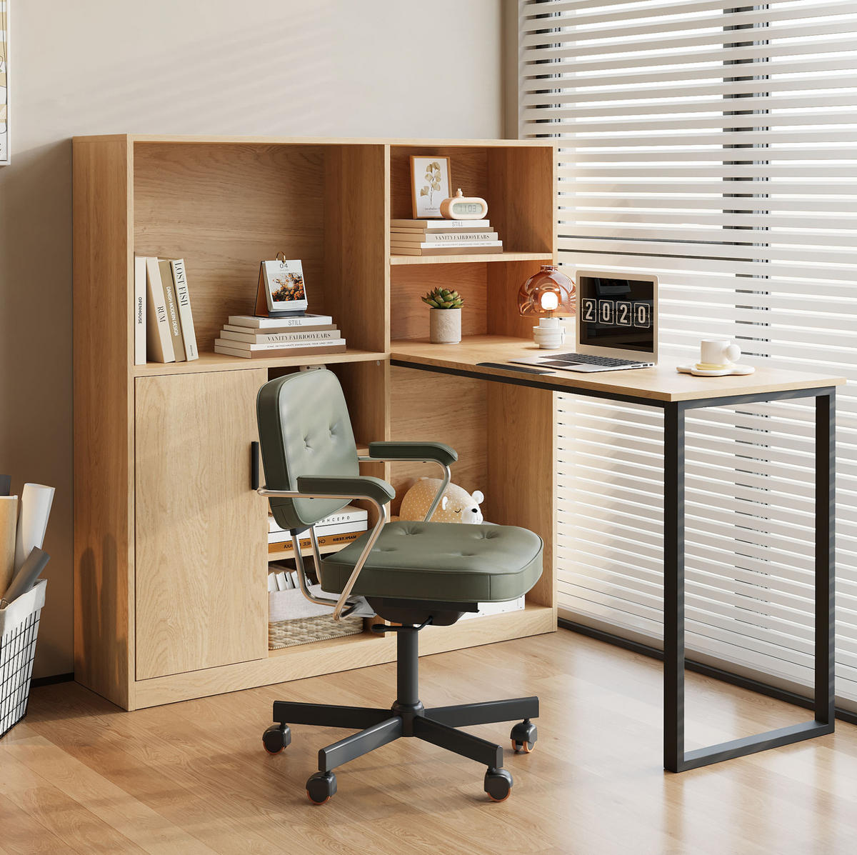 SCHREIBTISCH mit Stauraum in Natur aus MDF – mit Regal und Schrank - Naturfarben, Holzwerkstoff (50/120/120cm) - BEAOK