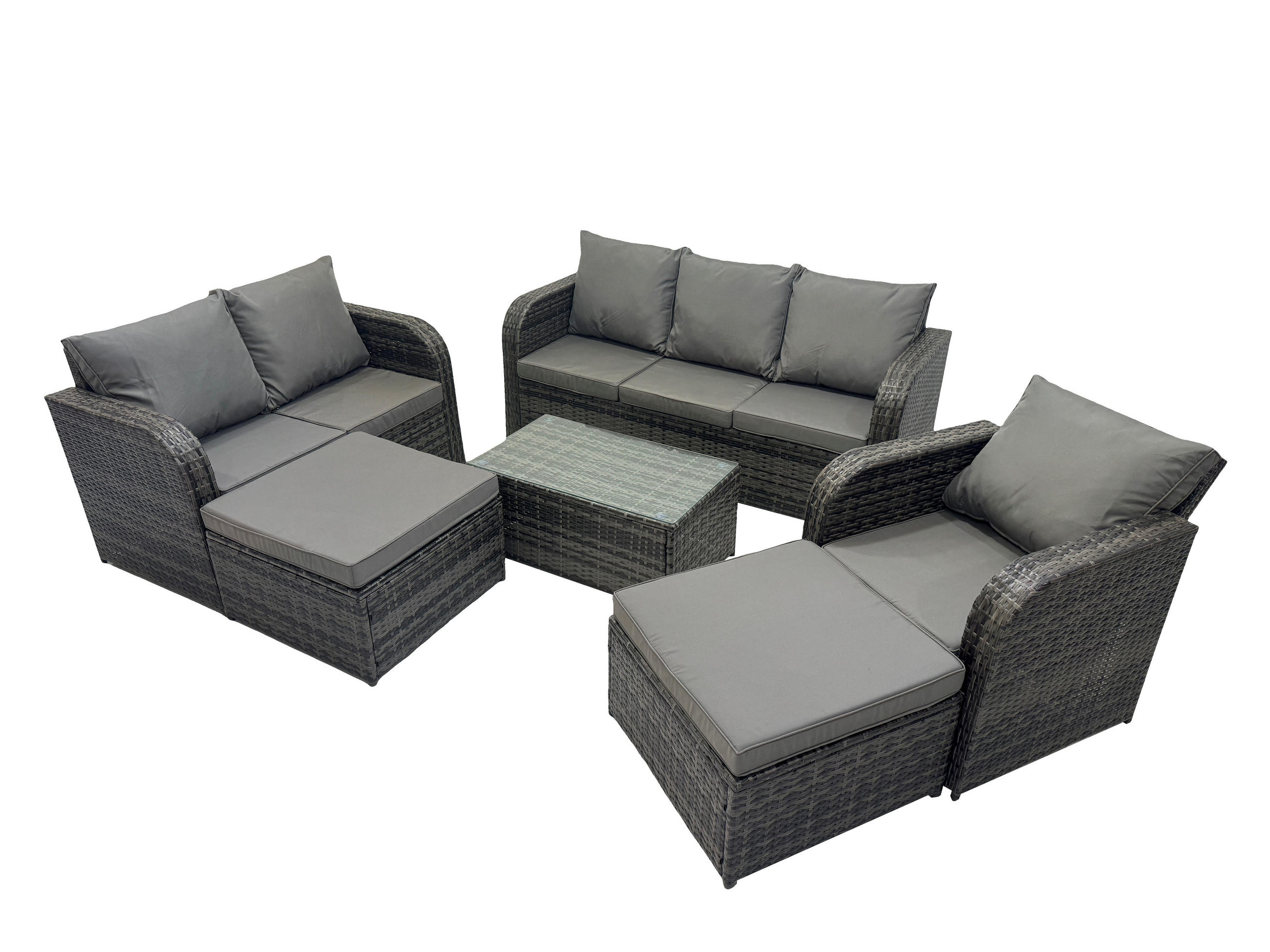 GARTENMÖBELGARNITUR mit KISSEN Polyrattan Dunkelgrau 9-Sitzer - Dunkelgrau/Grau, Glas/Kunststoff - Fimous